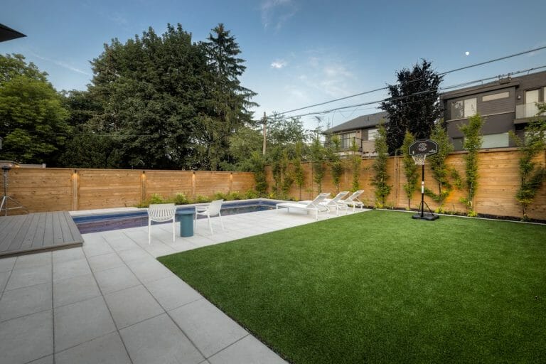 landscape design, Fiberglass Pool and Pool side Patio construction