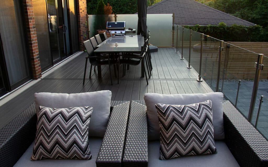 Toronto Deck Builder showcase Fiberon Deck, Interlocking, Stainless Steel & Glass Railing construction