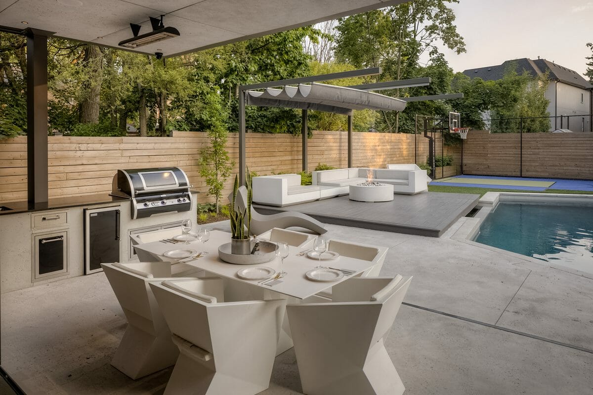 Backyard Landscaping with sports court, patio, fireplace, outdoor kitchen etc