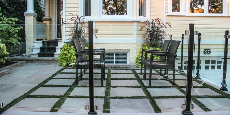 Front Yard Interlocking & Aluminum Glass Railings Project by Toronto Landscaping Company.