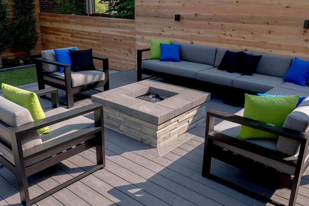 fireplace build over composite deck by M.E. contracting landscaping project