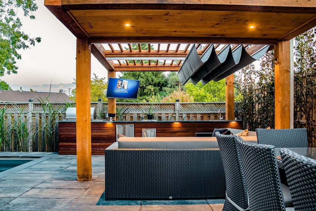 Small Toronto Backyard Landscaping Design and build Project; Featuring Pergola & Outdoor Kitchen