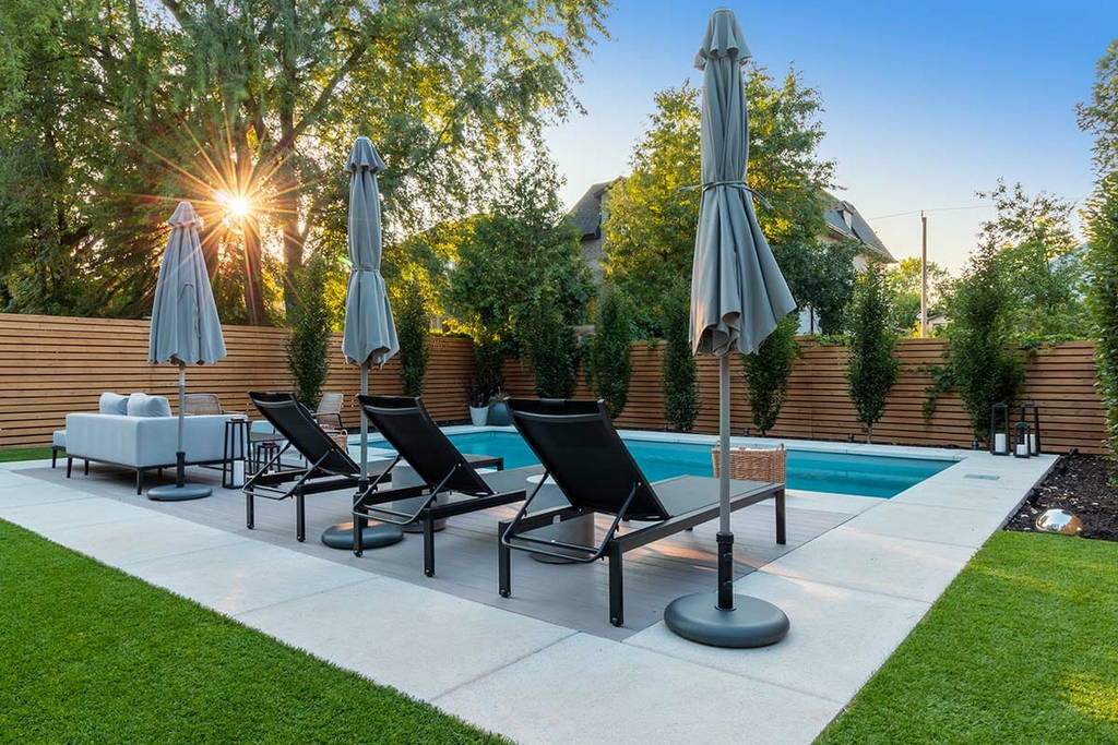 Toronto Lawn Fiberglass Pool Installation, Landscape Design, PVC Decking & Softscape