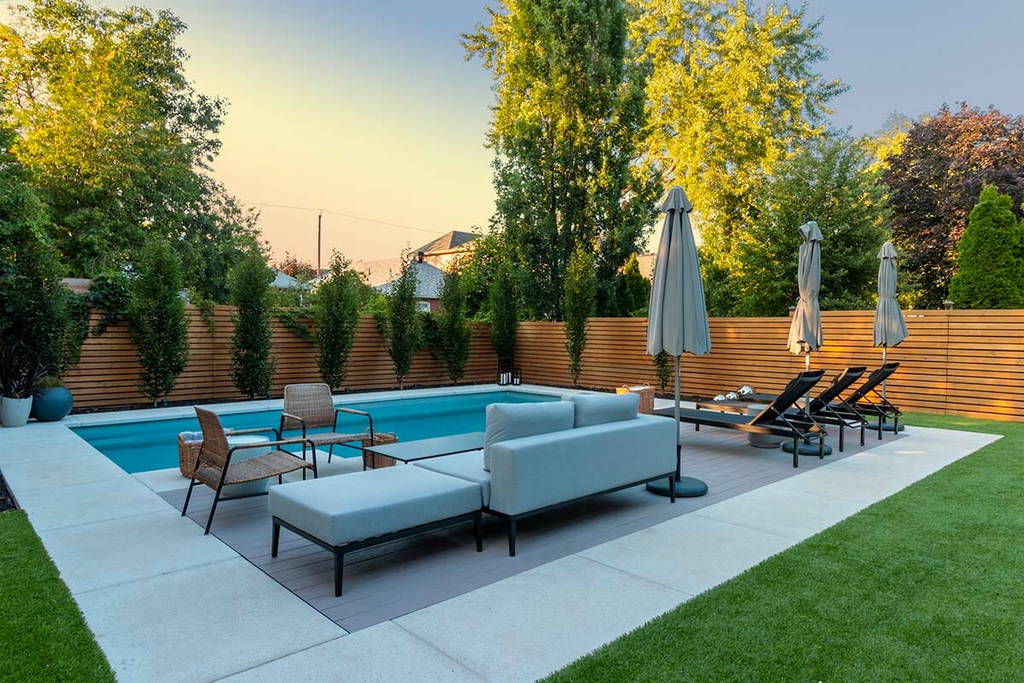 Fiberglass Pool Installation & Landscape Design for Toronto Home with Pool Deck