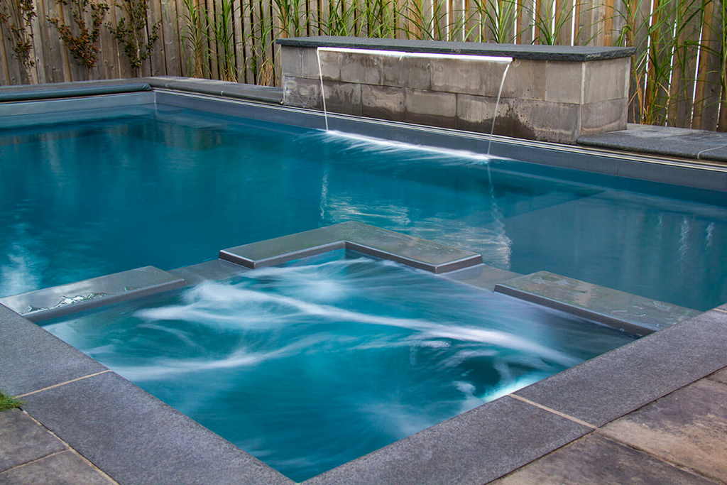 Small Fiberglass Reflection Pool Installation Project; Featuring Water Feature by Toronto inground pool Company.
