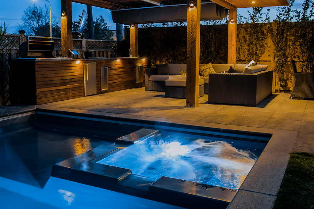Toronto pool Design and construction Project; Featuring Pergola, Fiberglass Pool & Outdoor Kitchen